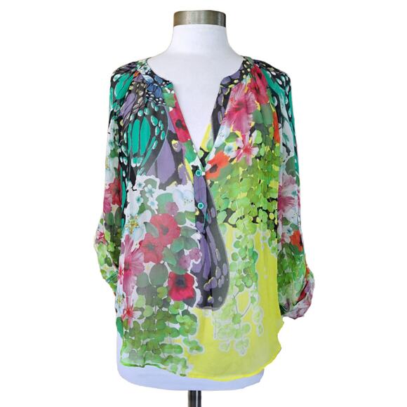 HALE BOB Butterfly Garden Silk Chiffon Top Size Small Sheer Chiffon Multicolor - Picture 1 of 8